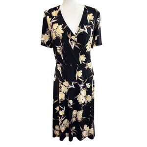 White House Black Market Womens Black & Canary Yellow Floral Wrap Dress Size 10